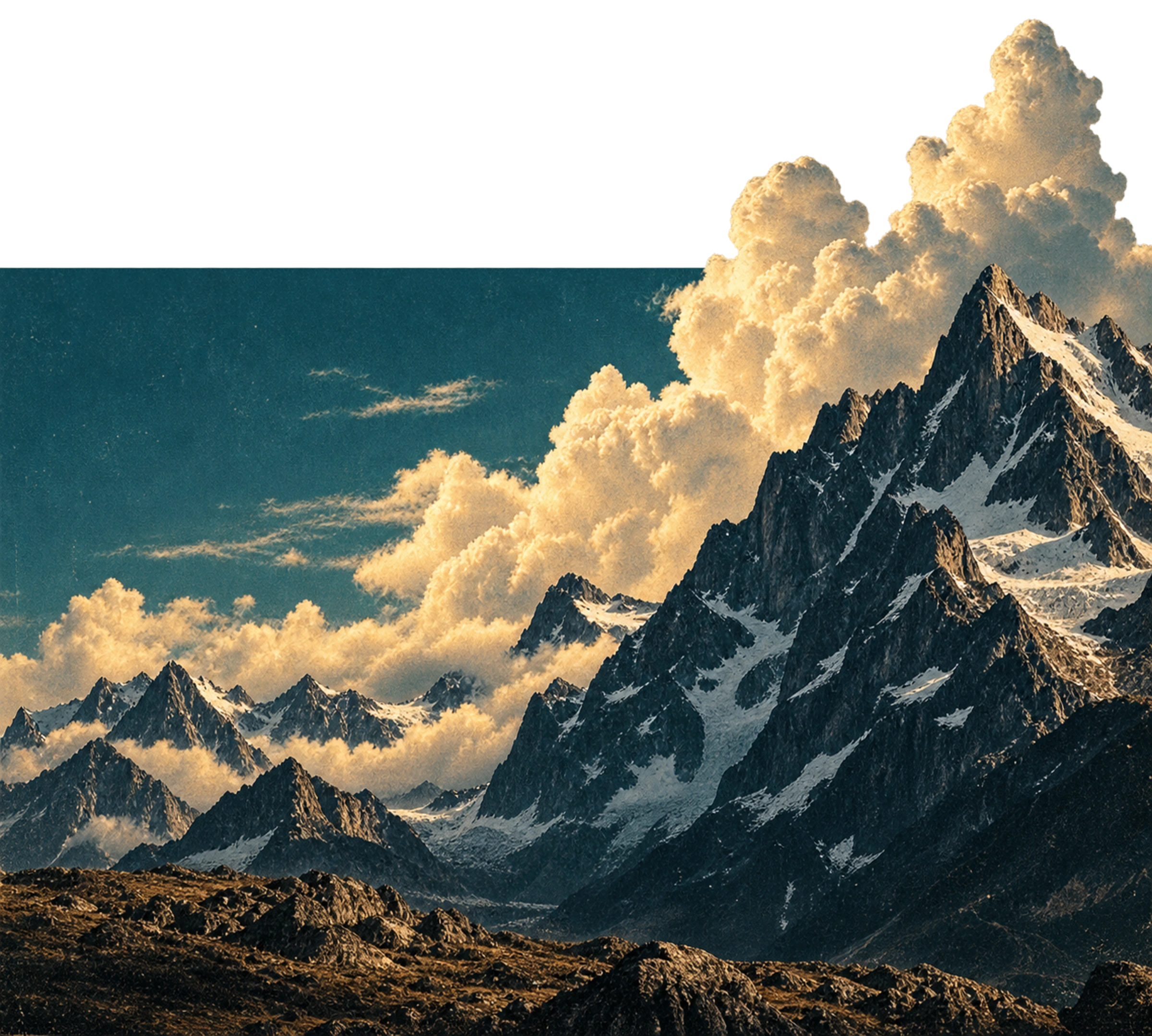 Snow-covered peaks under towering evening cloud